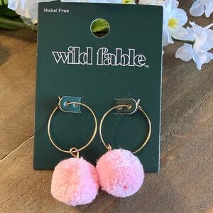 Wild Fable Pink Pom Pom Hoop Earrings Gold Tone Cute Y2K NWT